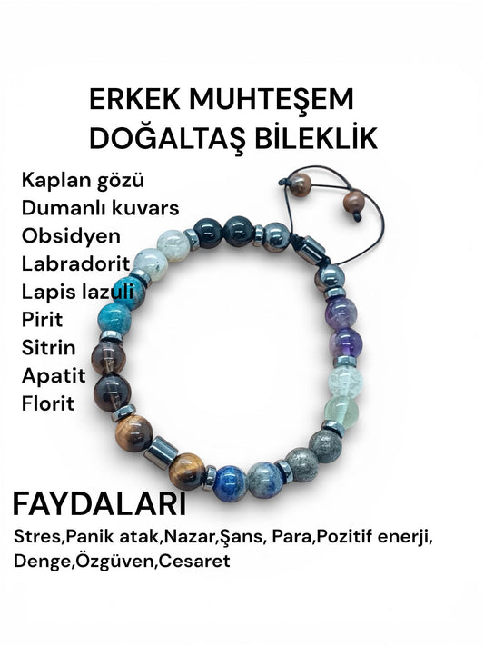 Muhteşem Erkek Doğal Taş Bileklik - 9 Güçlü Taş